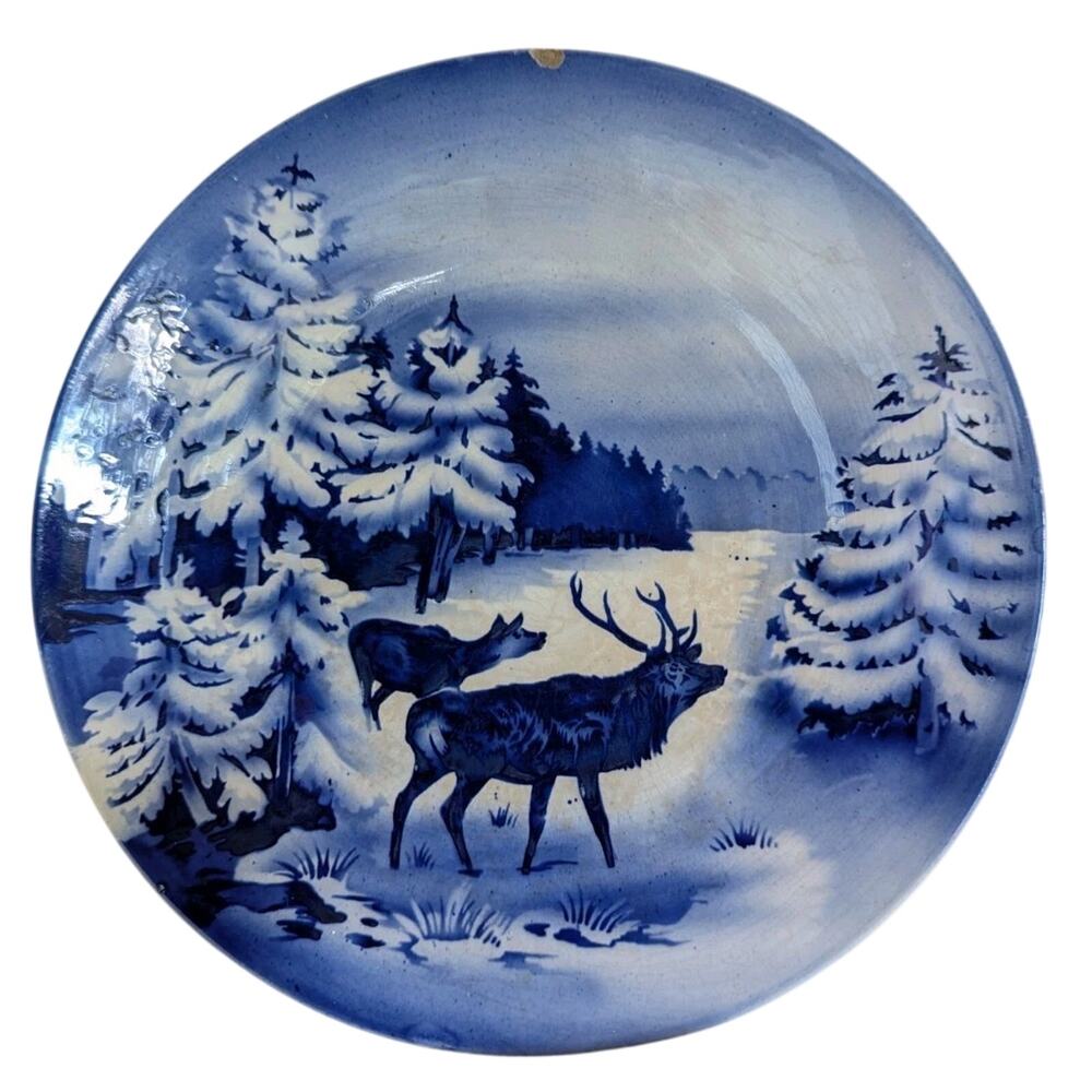 Villeroy & Boch Blue White Elk Deer Plate Bull And Cow Elk In Winter Meadow
